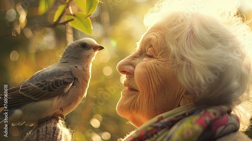 An intimate moment as a senior woman with soft smiling eyes observes a small bird perched on her shoulder. Serene Moment Between Senior Lady and Bird   © M
