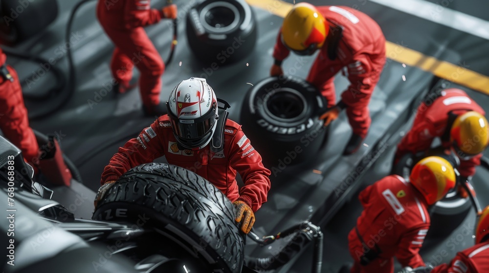 Obraz premium Pit crews in action required to quickly change tires in a Formula 1 pit lane