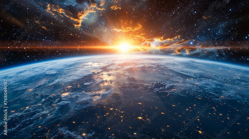 A breathtaking view of the sunrise over the Earth horizon from space, with a stunning nebula and starfield in the background. A breathtaking view of the sunrise over the Earth horizon from space, with a stunning nebula and starfield in the background.