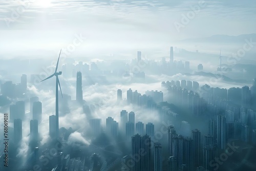 Aerial view of a city skyline with renewable energy sources like wind turbines and solar panels. Concept City Skylines, Renewable Energy, Aerial Photography © Anastasiia