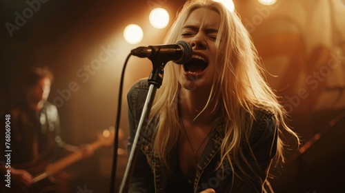 Young blonde woman sings passionately into a microphone