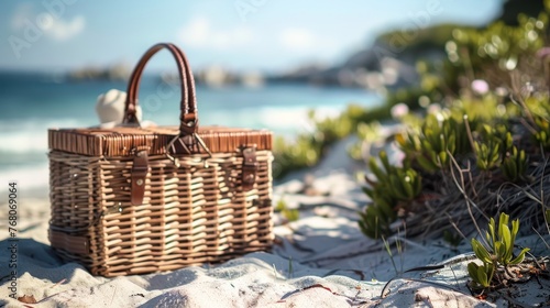 Picnic basket on sunny beach 