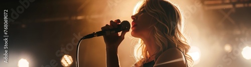 Young blonde girl sings into a microphone, conveying the energy and emotion of her performance