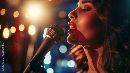 Talent and artistry of a young woman singing into a microphone