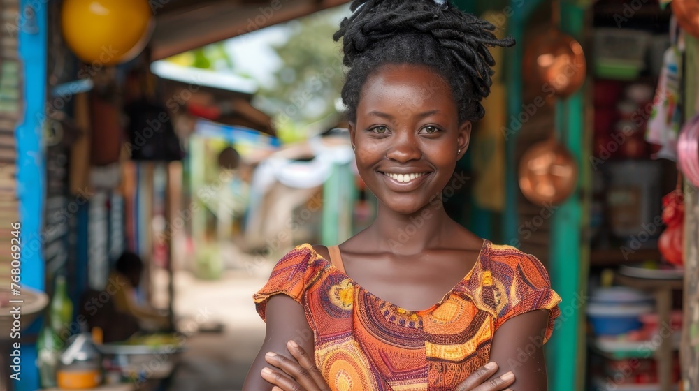 Portrait of a smiling young African woman wearing a traditional dress, exuding confidence and happiness in a vibrant marketplace setting.