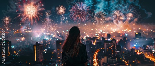 New Years Eve rooftop countdown, city skyline fireworks, cheers, night, new beginnings , minimalist