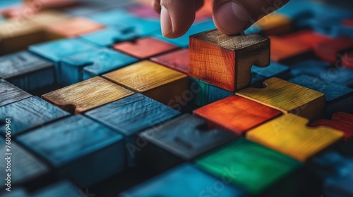 A hand placing the last piece into a colorful wooden puzzle, signifying the completion of a complex challenge.