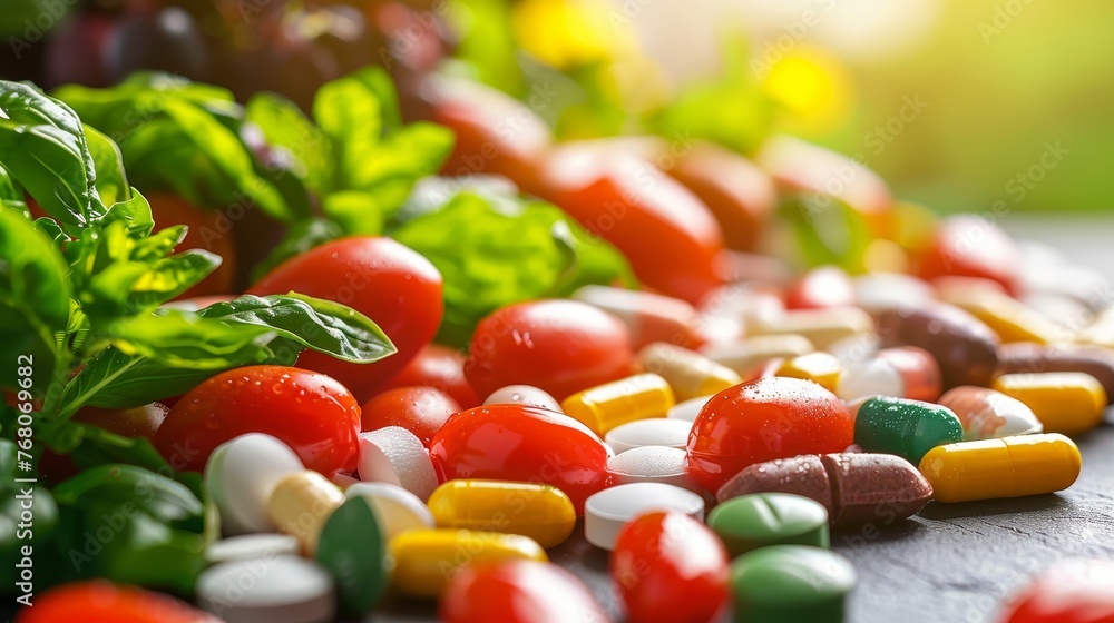 An array of colorful medicinal pills juxtaposed with fresh cherry tomatoes and basil leaves, highlighting natural versus medical health choices. - obrazy, fototapety, plakaty 