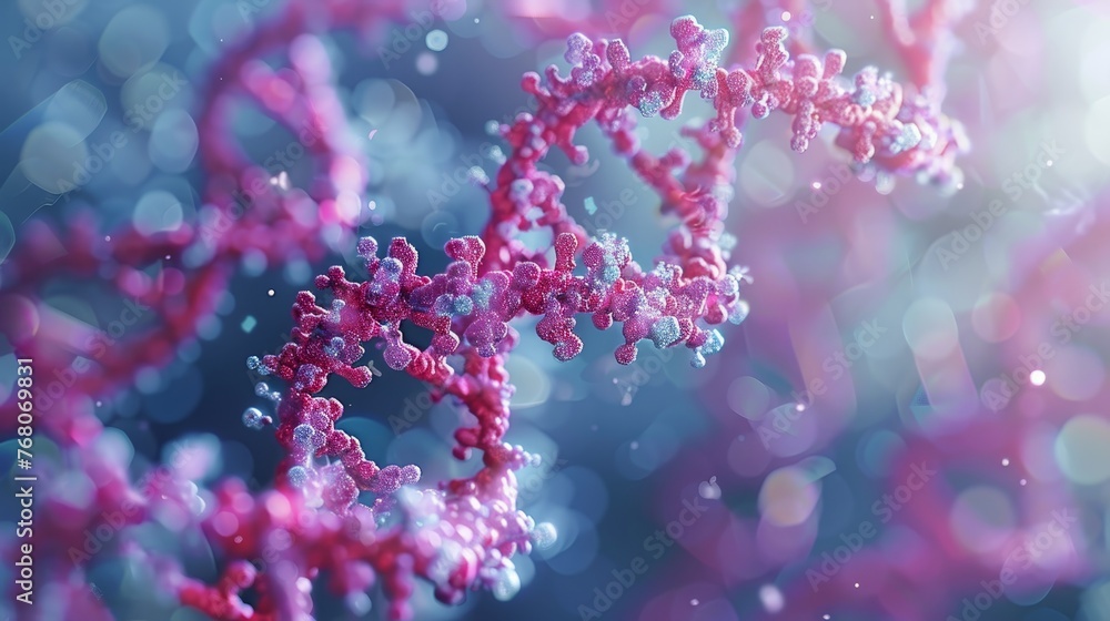 A highly detailed close-up of a DNA double helix structure in shades of pink, surrounded by a soft bokeh effect, emphasizing molecular beauty and complexity.