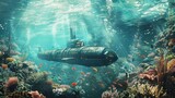Submarine Surrounded by Corals in Ocean