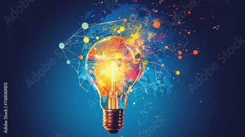 Artistic representation of a glowing light bulb with a splatter of vibrant colors and connected network nodes, symbolizing creativity and innovation.