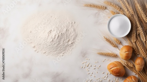 Wheat ears and flour on white marble background. Top view with copy space photo