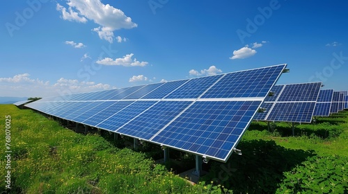 Row upon row of solar panels stretch across a green field under a clear blue sky  capturing renewable energy from the sun.