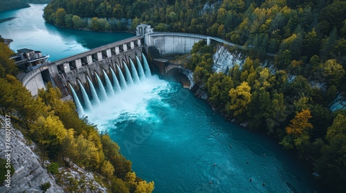 An aerial perspective captures the majestic flow of water through a hydropower dam surrounded by the lush beauty of an autumnal forest.