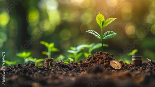 A young plant sprouts beside a stack of coins with a Bitcoin, representing the concept of growth in cryptocurrency investments.