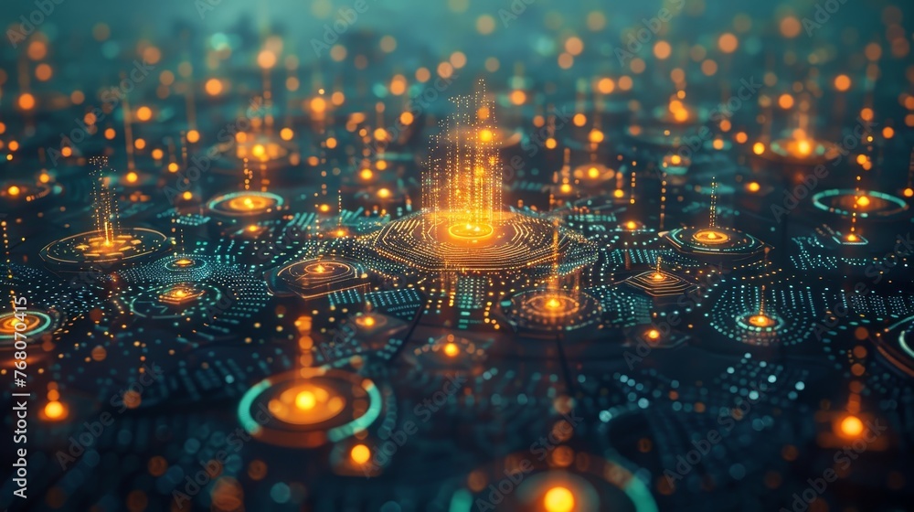 An abstract digital landscape mimicking a circuit board cityscape with glowing nodes and interconnecting lines, illustrating a complex tech network. An abstract digital landscape mimicking a circuit board cityscape with glowing nodes and interconnecting lines, illustrating a complex tech network.