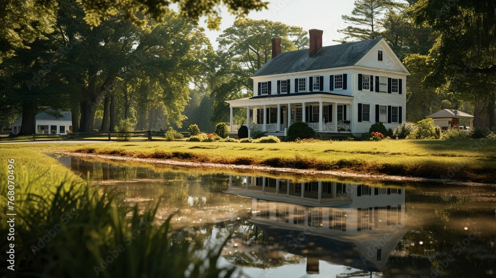 A photo of a Colonial Home Reflecting Tranquil light A photo of a Colonial Home Reflecting Tranquil light