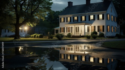 A photo of a Colonial Home Reflecting Tranquil light