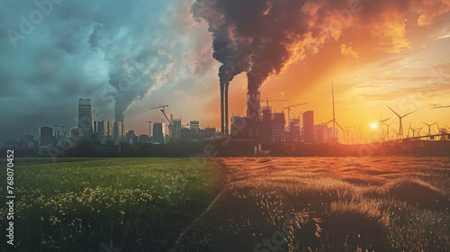 The contrasting image captures the struggle between industrial pollution, with smokestacks emitting plumes, and the hope of clean energy, symbolized by wind turbines at sunset.