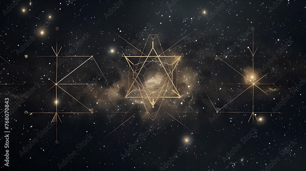 Cosmic backdrop featuring a glowing Star of David, stars, and nebulae. Mystical space pattern, perfect for backgrounds. Ethereal universe charm. AI - obrazy, fototapety, plakaty 