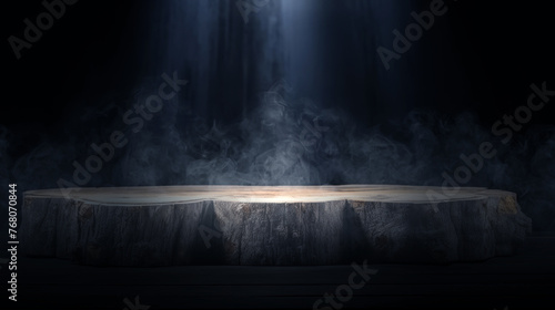 Empty rustic wood table, abstract scene dark blue background, neon, light, spotlights, wooden floor studio room with smoke float up the interior texture display products, cross section of tree