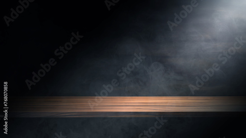 Empty rustic wood table, abstract scene dark blue background, neon, light, spotlights, wooden floor studio room with smoke float up the interior texture for display products © chiew