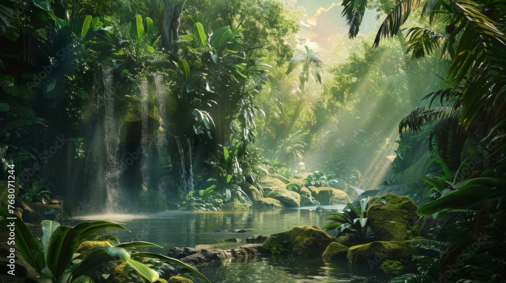 Jungle Scene With Waterfall, outdoors