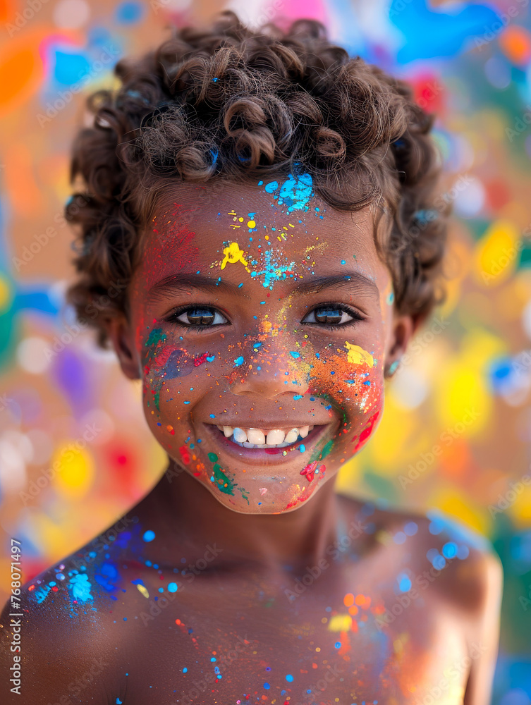 Exuberant expression: a smiling face in Holi paint on a boy Exuberant expression: a smiling face in Holi paint on a boy