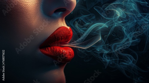 Close-up of woman's red glittery lips exhaling blue smoke against a dark background