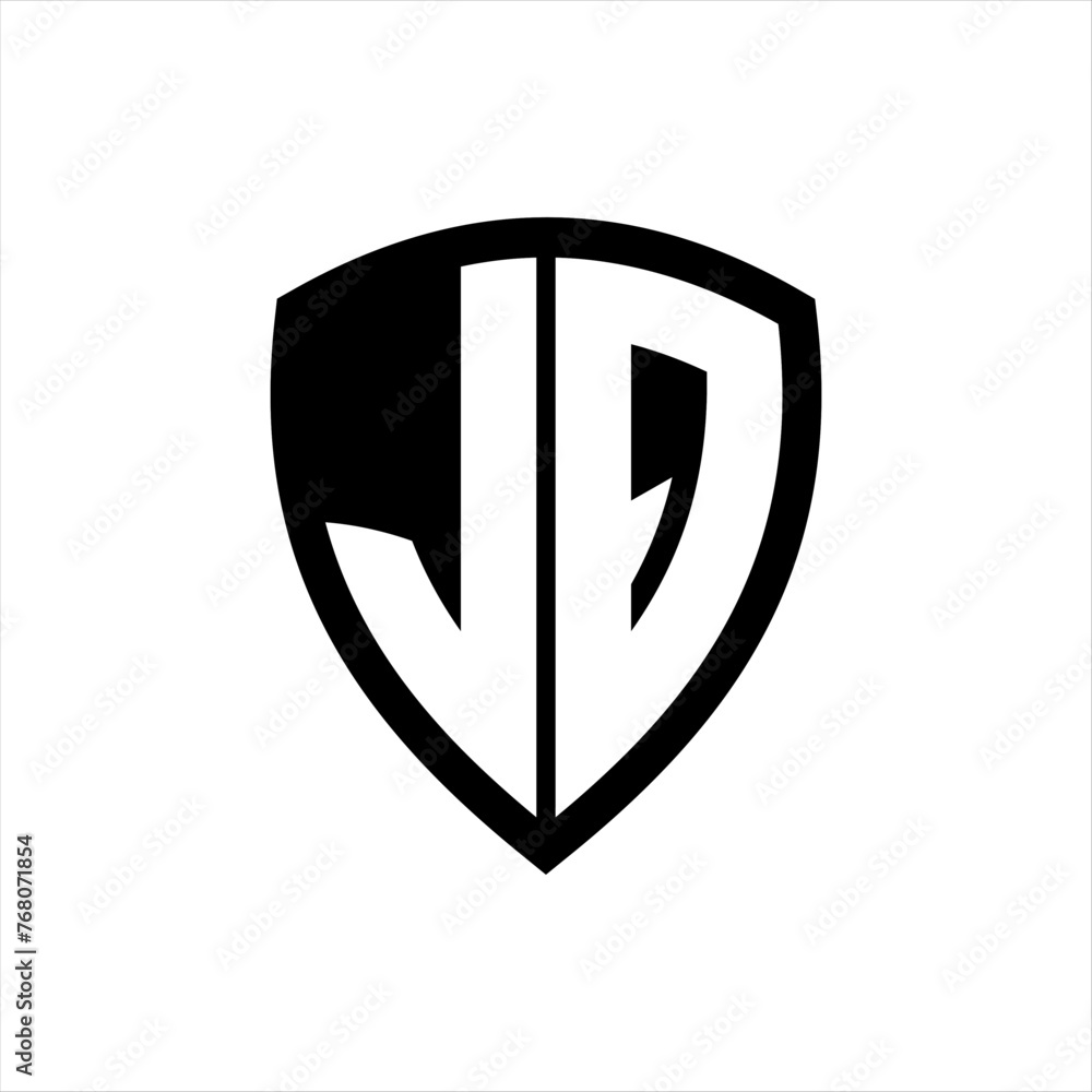 JQ monogram logo with bold letters shield shape with black and white color design JQ monogram logo with bold letters shield shape with black and white color design