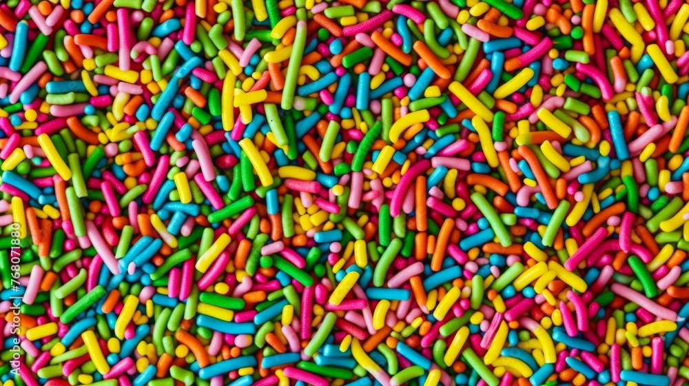 A dense layer of colorful sprinkles creates a playful and vivid background, ideal for culinary decoration themes or joyful events. A dense layer of colorful sprinkles creates a playful and vivid background, ideal for culinary decoration themes or joyful events.