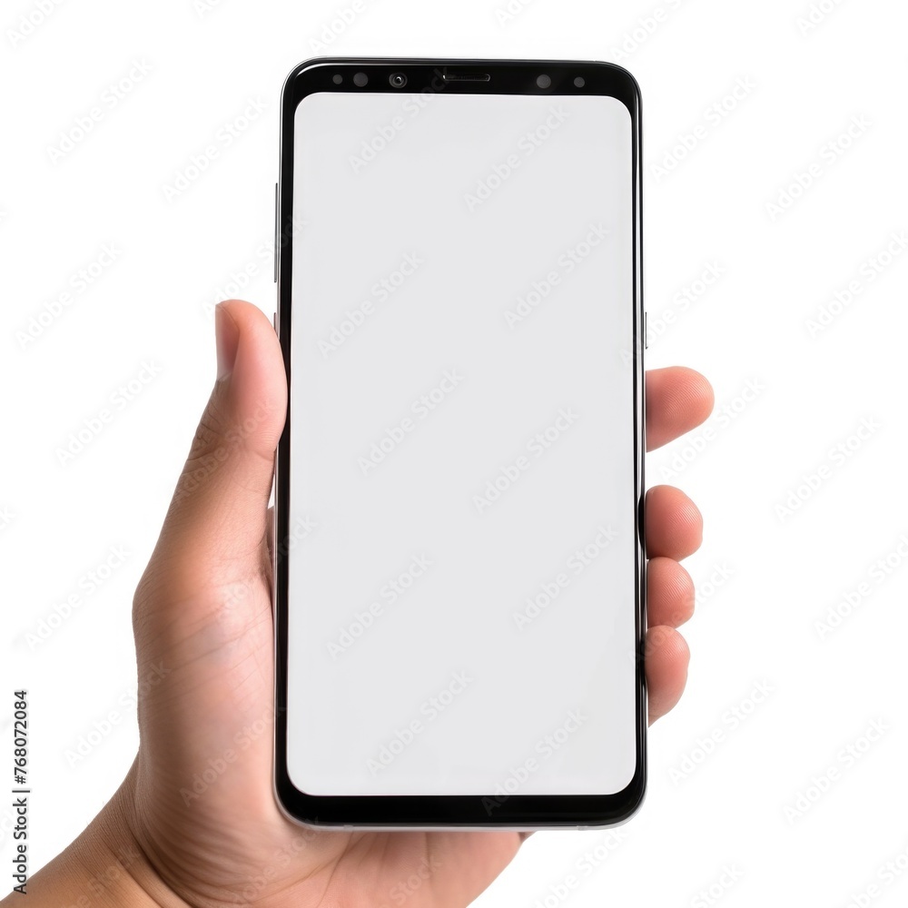A person is holding a modern smartphone with a blank screen A person is holding a modern smartphone with a blank screen
