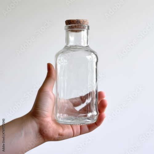 A hand holding an empty glass bottle with a cork stopper