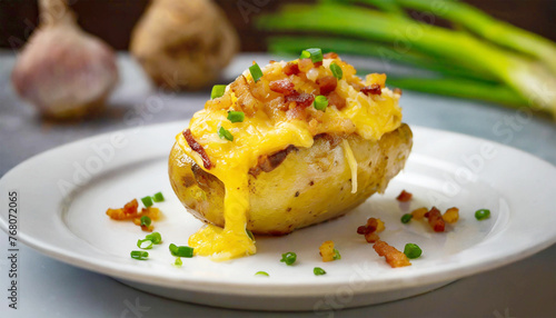 Twice-baked potato topped with cheddar cheese, bacon bits and scallions.