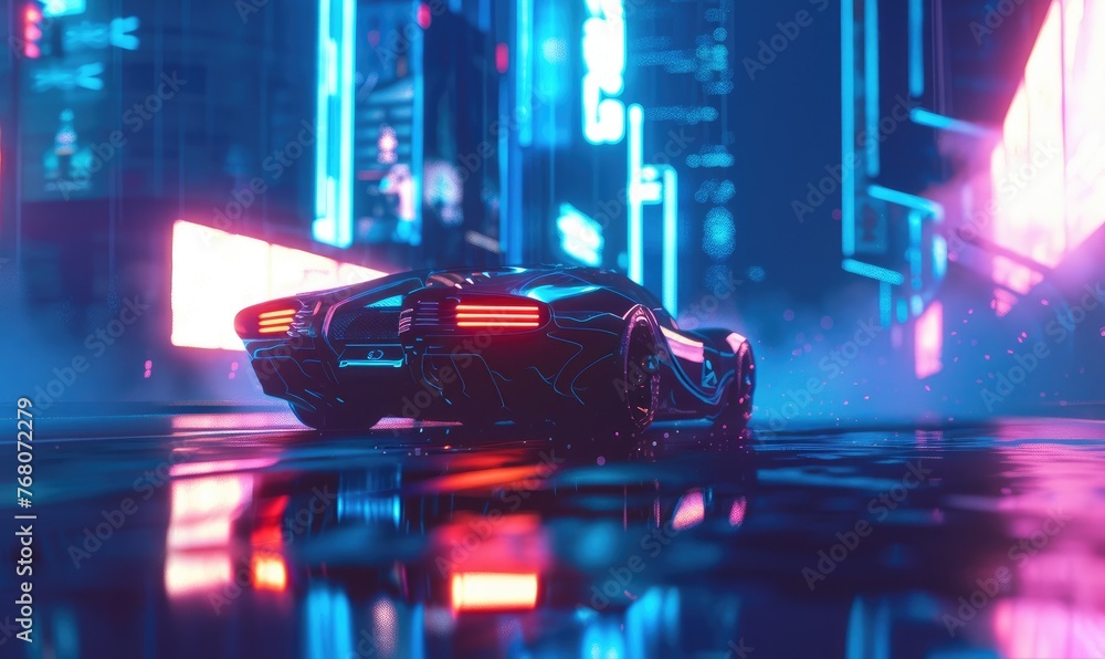A sleek sports car bathed in neon lights speeds through a futuristic cityscape at night with neon light effect - obrazy, fototapety, plakaty 
