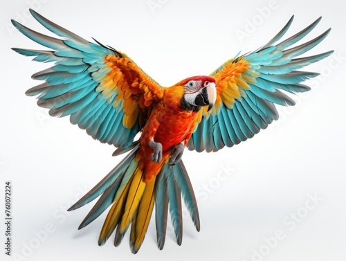 A vibrant macaw parrot is in mid-flight, showcasing its wide wingspan and colorful plumage © StasySin