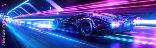 A sleek sports car bathed in neon lights speeds through a futuristic cityscape at night with neon light effect © Daniela