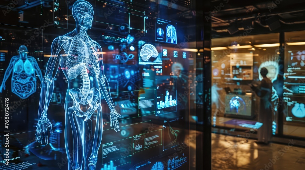 A holographic display of a virtual patient avatar for medical education, offering interactive learning experiences.