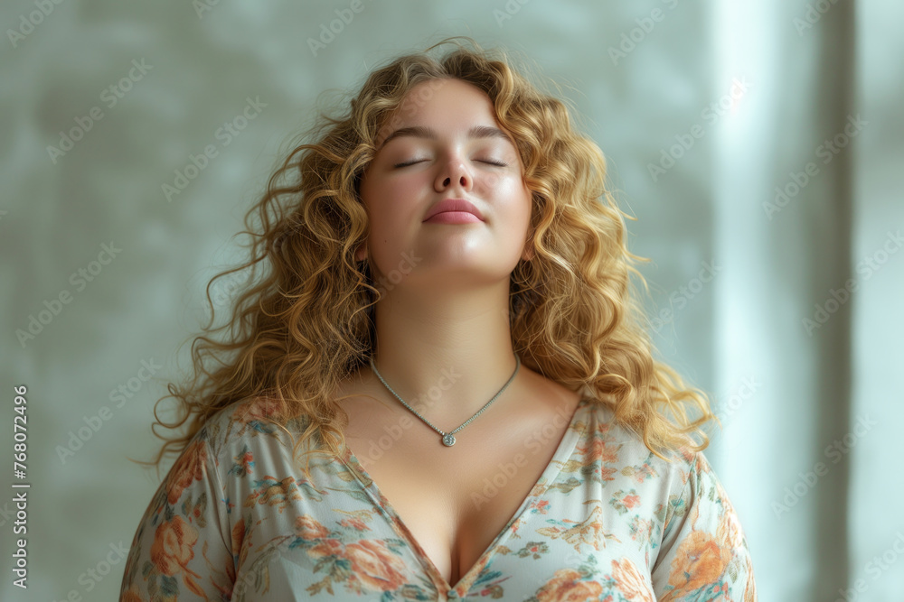Obraz na plátně Young blonde plus size model on gray background, fat woman with chubby face, bod