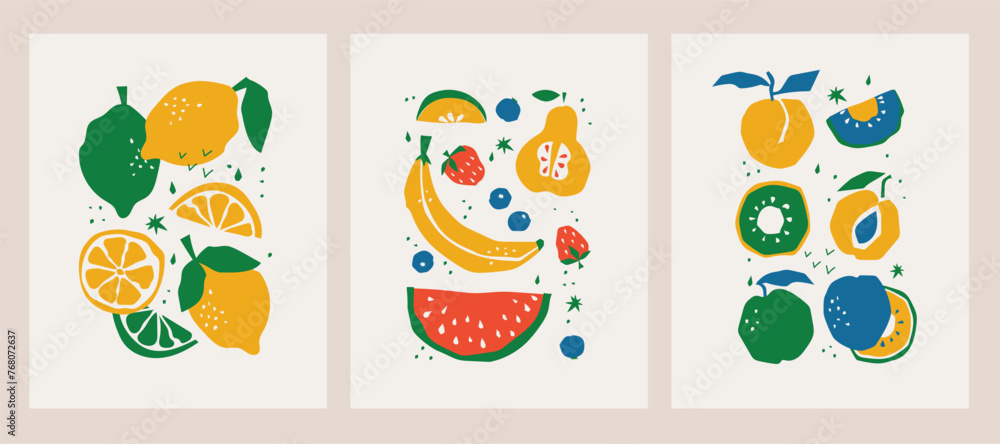 Abstract Floral Posters Set with Fruits and Leaves . Trendy Groovy Abstract paper cut elements, fruits and berries for social media, postcards, print. Abstract Floral Posters Set with Fruits and Leaves . Trendy Groovy Abstract paper cut elements, fruits and berries for social media, postcards, print.