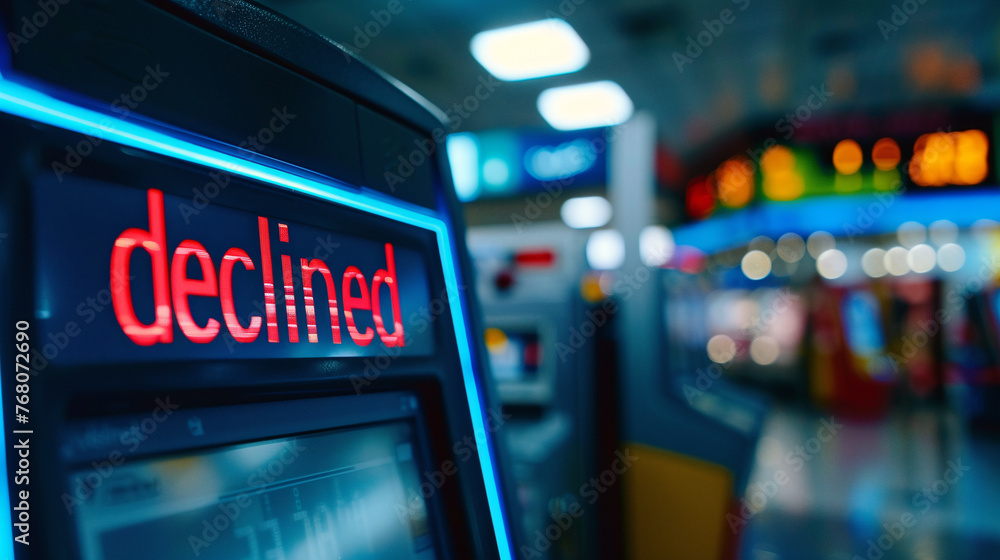 The inscription “Declined” on the terminal screen for paying for purchases in store. Close-up photo The inscription “Declined” on the terminal screen for paying for purchases in store. Close-up photo