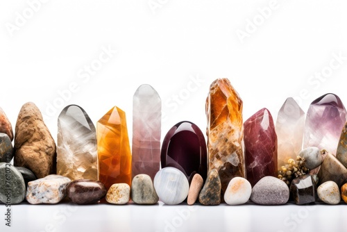 close-up view of a row of beautiful natural crystals isolated on white