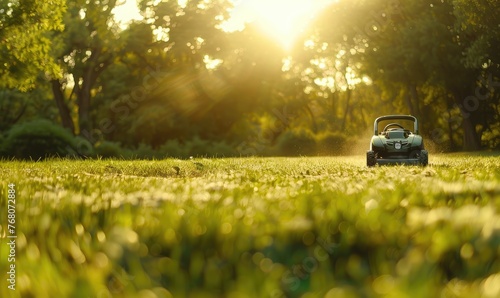 A vibrant red lawn mower mowing lush green grass during a beautiful sunset, depicting routine yard work.