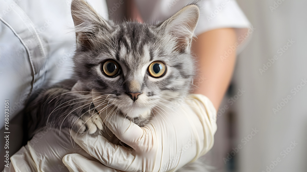 The veterinarian in white rubber gloves holding a gray domestic cat in her arms