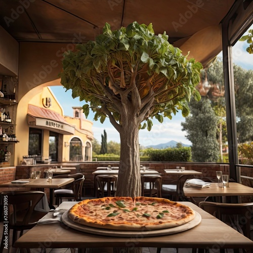 Pizza Cheese, italian cuisine, italian pizza, pizza restaurant AND ARTEFESIAL TREE STAND BEHIND THA photo