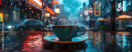 A warm cup of coffee sits on a wet table  looking out onto a rainy city street with cars and buildings.