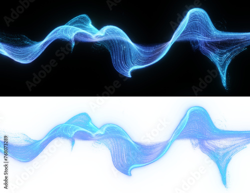 Flowing stream of particle light creates a graceful arc over a black and alpha backdrop, perfect for overlays and digital effects. cool tones and fluid dynamics. 3D render