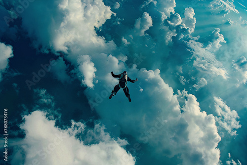 Skydiver flies in free fall with parachute behind him among the clouds. Photo from the back. Extreme rest concept