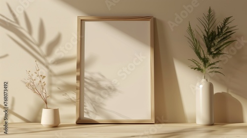 The photo frame without photo inside. Minimalist style  clean light beige background  some stylish greenery. Generated by artificial intelligence.