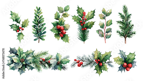 クリスマスの植物の葉、花のセット。手描きの落書きは、ヒイラギの花、クリスマス ツリーの葉、冬の枝の要素をスケッチします。休日の装飾、素朴な花輪のスケッチ落書き。ベクトルの図。